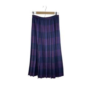 Vintage Navy & Pink Pleated Wool Midi Skirt Dark Academia